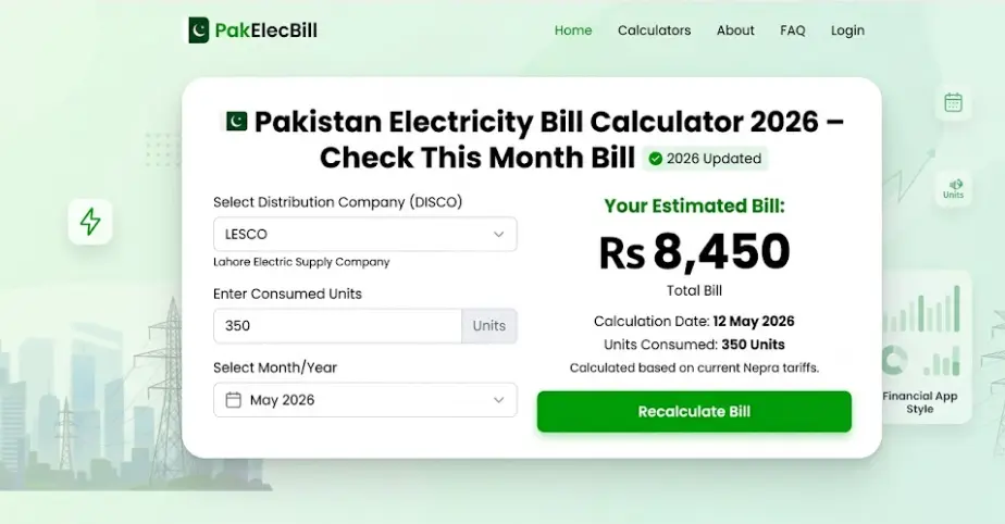 Pakistan Electricity Bill Calculator 2026 showing LESCO bill of Rs. 8,450 for 350 units
